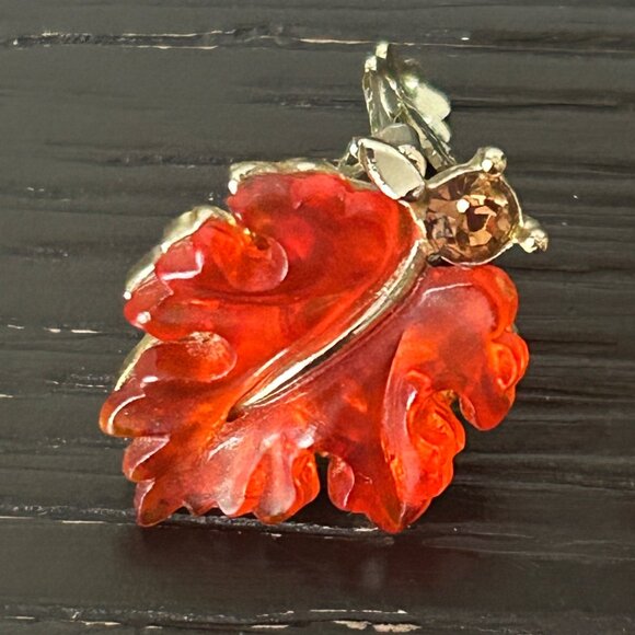 VTG LISNER Leaf Clip-On Earrings Gold Tone & Orange Molded Glass Fall Accessory - Picture 8 of 10